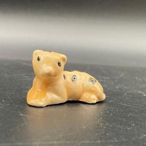Vintage Mini‎ Ceramic Spotted Cat Figurine Hand Glazed Brown Porcelain Animal